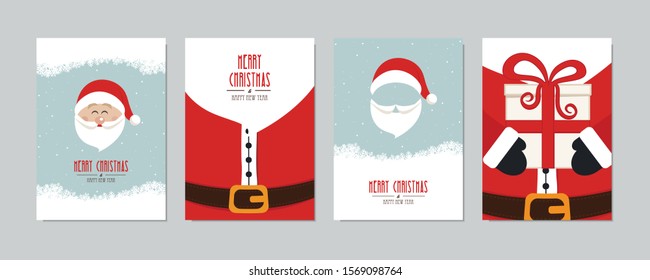 Cute santa claus card set. Merry christmas and Happy New Year greeting winter snowy background lettering vector. Christmas card set.