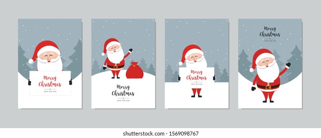 Cute santa claus card set. Merry christmas and Happy New Year greeting winter snowy background lettering vector. Christmas card set.