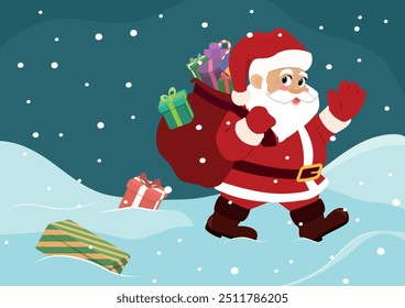 Cute Santa Claus carries a bag of colorful gifts and wishes everyone a Happy New Year and Merry Christmas.  Vector illustration with a festive mood for a greeting card. Horizontal format