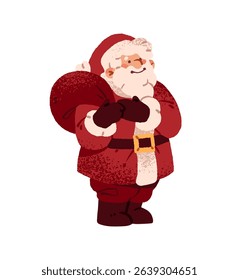 Cute Santa Claus carries bag of Christmas gift on shoulder for winter holiday. Xmas character in red costume, hat brings presents, surprises. Flat isolated vector illustration on white background