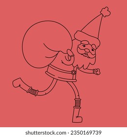 Cute Santa Claus carrying bag of gifts. Christmas character in outline style.