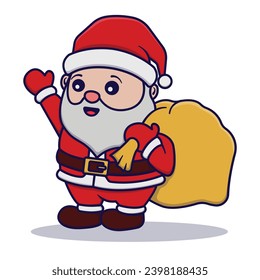 Cute Santa Claus Carrying Bag Cartoon Vector Illustration Isolated On White Background