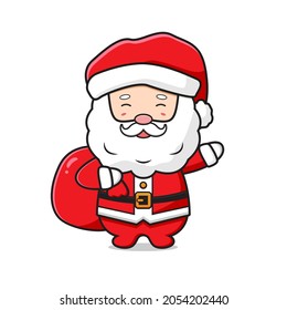 Cute santa claus carrying a presents sack merry christmas cartoon doodle icon illustration design flat cartoon style