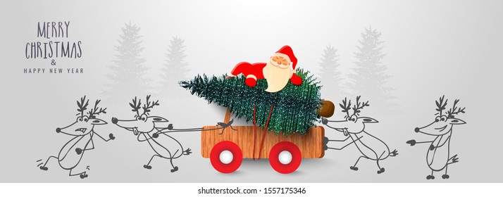 Cute Santa Claus Carrying Xmas Tree On Wooden Pickup Truck Pushing By Doodle Reindeers On The Occasion Of Merry Christmas & Happy New Year Celebration.