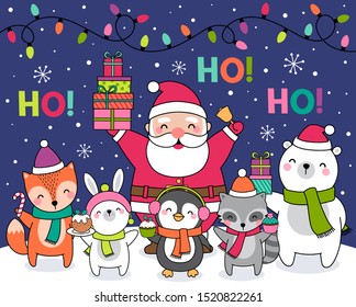 Cute santa claus and cartoon animals illustration for christmas and new year greeting card.