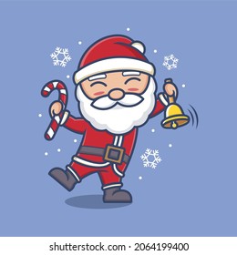 cute santa claus cartoon with candy and christmas bells. vector illustration for mascot logo or sticker