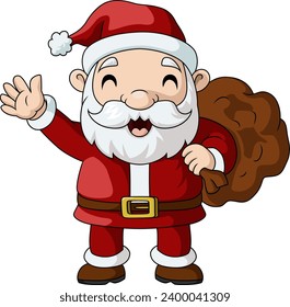 Cute santa claus cartoon carrying a bag of the presents