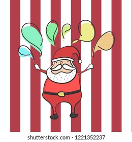 Cute Santa Claus cartoon character with colorful balloons and Christmas greeting in a white and red background. vector Illustration. 
