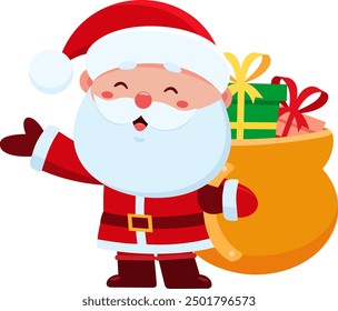 Cute Santa Claus Cartoon Character Carrying A Sack And Waving For Greeting. Vector Illustration Flat Design Isolated On Transparent Background