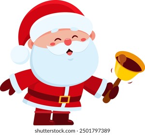 Cute Santa Claus Cartoon Character Ringing A Bell. Vector Illustration Flat Design Isolated On Transparent Background