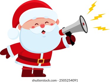 Cute Santa Claus Cartoon Character Speaking Through A Megaphone. Vector Illustration Flat Design Isolated On Transparent Background