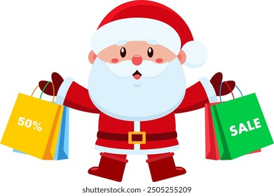 Cute Santa Claus Cartoon Character Carrying Shopping Bags With Text Sale. Vector Illustration Flat Design Isolated On Transparent Background