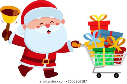 Cute Santa Claus Cartoon Character Pushing Shopping Cart Full Of Gifts And Ringing A Bell. Vector Illustration Flat Design Isolated On Transparent Background