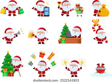 Cute Santa Claus Cartoon Character. Vector Flat Design Collection Set Isolated On Transparent Background