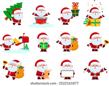 Cute Santa Claus Cartoon Character. Vector Flat Design Collection Set Isolated On Transparent Background