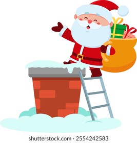 Cute Santa Claus Cartoon Character With A Big Bag Of Gifts Climbs Into The Chimney. Vector Illustration Flat Design Isolated On Transparent Background