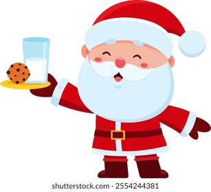 Cute Santa Claus Cartoon Character Holding A Plate With A Glass Of Milk And A Cookie. Vector Illustration Flat Design Isolated On Transparent Background