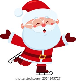 Cute Santa Claus Cartoon Character Ice Skating And Greeting. Vector Illustration Flat Design Isolated On Transparent Background