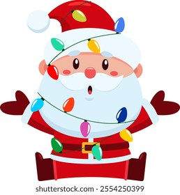 Cute Santa Claus Cartoon Character Wrapped In Festive Christmas Lights. Vector Illustration Flat Design Isolated On Transparent Background