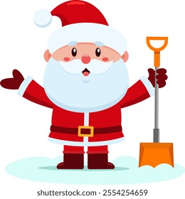 Cute Santa Claus Cartoon Character Shoveling Snow And Spreading Holiday Cheer. Vector Illustration Flat Design Isolated On Transparent Background