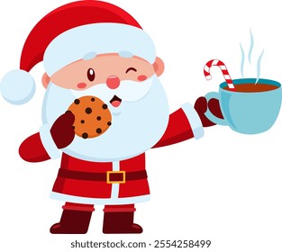 Cute Santa Claus Cartoon Character Enjoying A Cookie And Hot Chocolate With Candy Cane Stirrer. Vector Illustration Flat Design Isolated On Transparent Background