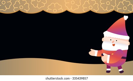Cute Santa Claus cartoon character with pointing finger hand gesture pose. Gold and Black luxury style background, floral pattern decoration. Happy Holidays Christmas greeting card template.