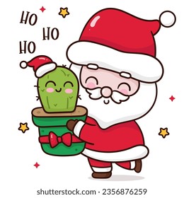 Cute Santa Claus cartoon and Christmas cactus in winter season kawaii vector. X mas card (happy new year kids) fairy tale book. Perfect make a wish for celebration party children, princess party.