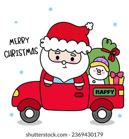 Cute Santa Claus cartoon drive car with gift Christmas character kawaii vector. X mas card (happy new year kids) fairy tale book. Perfect make a wish for celebration party children, princess party.