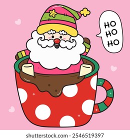 Cute santa claus cartoon in festive mug kawaii Christmas pink (whimsical characters). Happy new year greeting card. Holiday cartoon xmas kids winter season. Flat illustration for clipart, postcards.