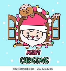 Cute santa claus cartoon with Gingerbread man in window kawaii Christmas (whimsical characters). Happy new year greeting card. Holiday cartoon xmas kids winter season. Flat illustration for clipart