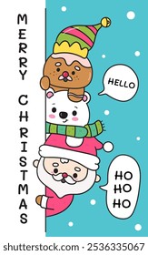 Cute santa claus cartoon with Gingerbread man and polar bear kawaii Christmas (whimsical characters). Happy new year greeting card. Holiday cartoon xmas kids winter season. Flat illustration.