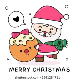 Cute santa claus cartoon with gingerbread man kawaii Christmas (whimsical characters). Happy new year greeting card. Holiday cartoon xmas kids winter season. Flat illustration for clipart, postcards.