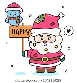 Cute santa claus cartoon holding happy label with blue bird animal kawaii Christmas (whimsical characters). Happy new year greeting card. Holiday cartoon xmas kids winter season. Flat illustration.