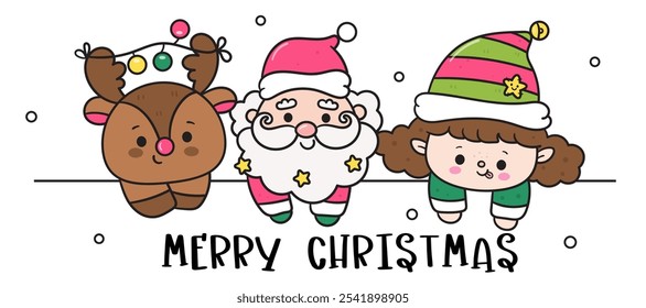 Cute santa claus cartoon with reindeer and elf girl kawaii Christmas (whimsical characters). Happy new year greeting card. Holiday cartoon xmas kids winter season. Flat illustration for clipart.