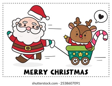 Cute santa claus cartoon run with reindeer car kawaii Christmas (whimsical characters). Happy new year greeting card. Holiday cartoon xmas kids winter season. Flat illustration for clipart, postcards.