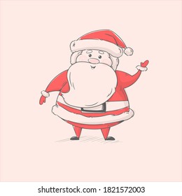 Cute Santa Claus in cartoon style. Santa waves in a red suit with a linear outline