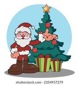 cute santa claus in cartoon style and a big christmas tree. vector illustration