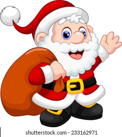 Cute Santa Claus cartoon waving and carrying christmas gift