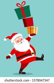 Cute Santa Claus character carrying a stack of big colorful gift boxes, isolated on aqua green background in contemporary flat style. Christmas theme design element vector cartoon illustration