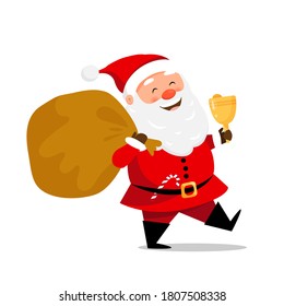 Cute santa claus character carrying bag and jingle bell. Vector illustration for christmas greeting cards design