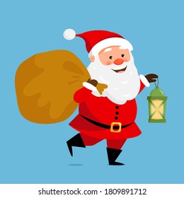 Cute santa claus character carrying bag and lantern. Vector illustration for christmas greeting cards design
