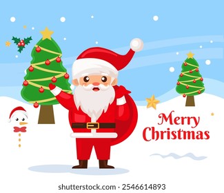 Cute Santa Claus character carrying a stack of big colorful gift boxes, isolated on christmas background in contemporary flat style. Christmas theme design element vector cartoon illustration stock 