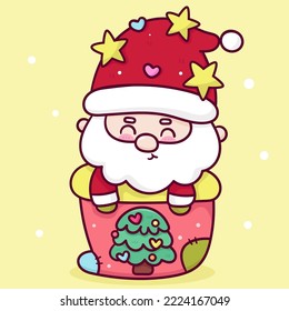 Cute Santa claus Character Christmas socks baby cartoon. X mas card (happy new year kids) kawaii vector for fairy tale book. Perfect make a wish for celebration party children,princess party, pattern.