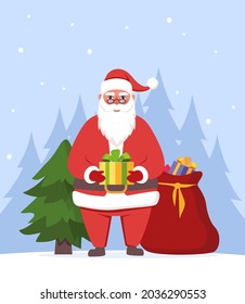 Cute Santa Claus character with gift in his hands. Santa smiling and show huge gift box. Merry Christmas and Happy New Year. Christmas card vector illustration