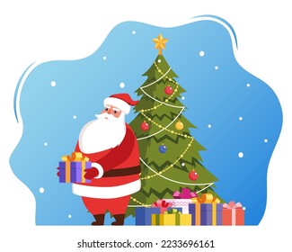 Cute Santa Claus character with gift in his hands and decorated christmas tree behind him. Merry Christmas and Happy New Year card, banner. Vector illustration