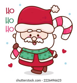 Cute Santa claus Character holding Christmas candy baby cartoon. X mas card (happy new year kids) kawaii vector for fairy tale book. Perfect make a wish for celebration party children, princess party.