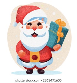 A cute Santa Claus character holding a blue present box in hands, Christmas, winter, holiday design elements.Vector illustration drawing.