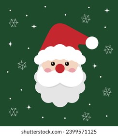 A cute Santa Claus character illustration with a December winter Christmas concept. Santa wearing a red hat and red nose on a background of snow and snowflakes.