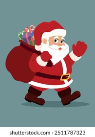 Cute Santa Claus character isolated on light blue background. Santa wishes everyone a Happy New Year and Merry Christmas and carries a bag of colorful gifts to every home. Jolly mood. Flat vector