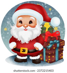 A cute Santa Claus character with many present box. Christmas, winter, holiday design elements.Vector illustration drawing.